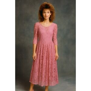 Vintage Blush Pink Lined Zip Bow Back Drop‎ Waist 1/2 Sleeve Lace Dress Midi